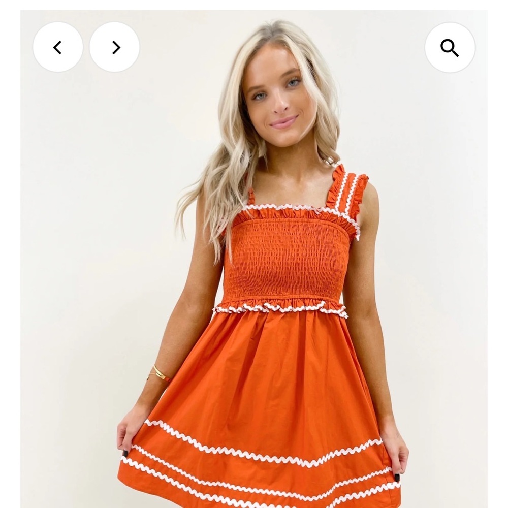 TCEC Collegiate Ric Rac Burnt Orange Smocked Sundress square neck smocked bust